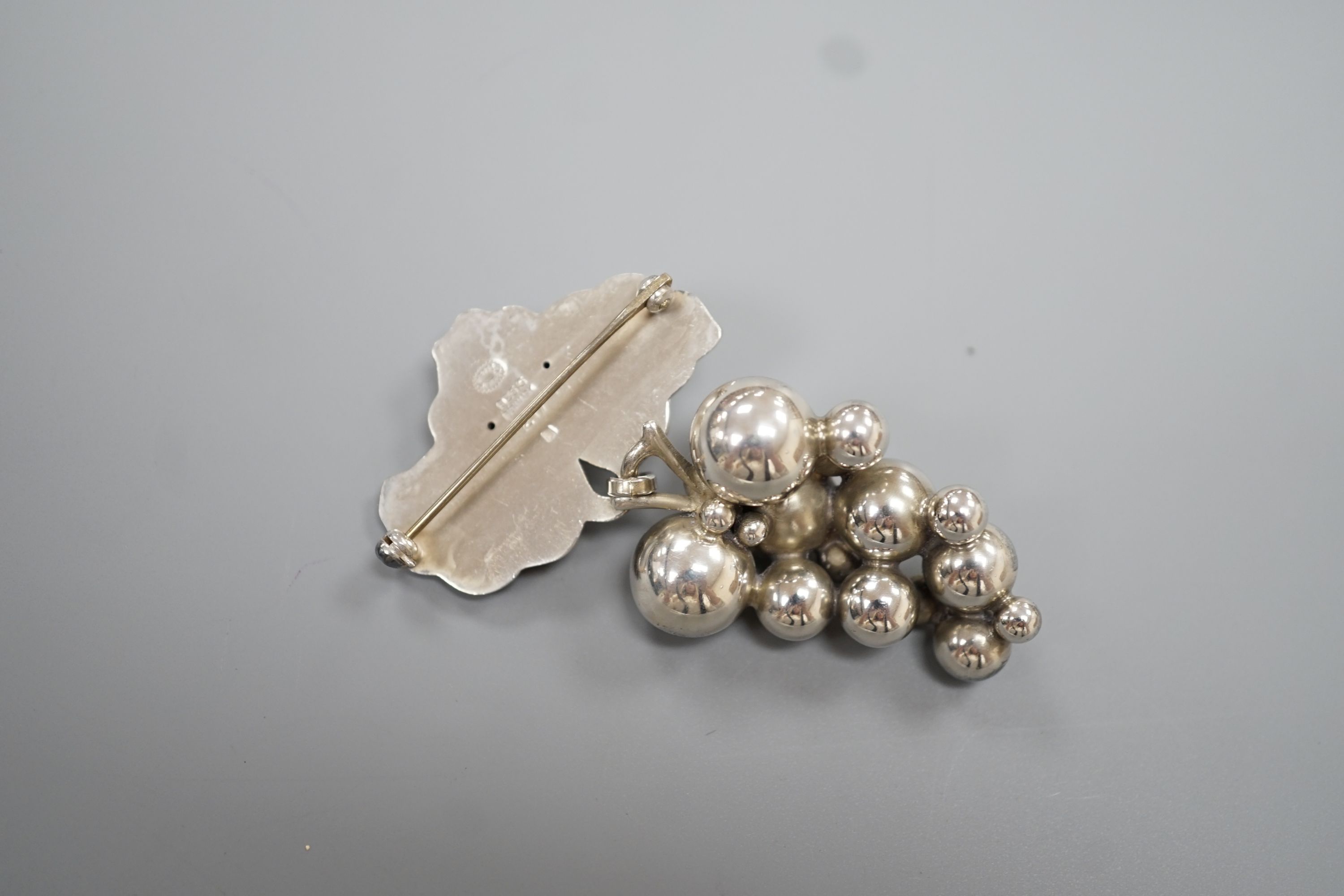 A Georg Jensen 'bunch of grapes' drop brooch, no.217B, 65mm.